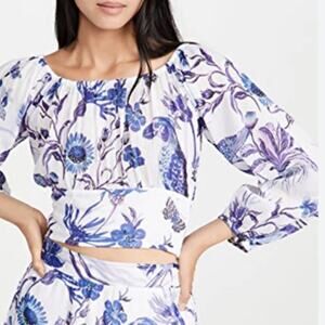 BANJANAN $175 Vivian Floral Peplum Top In Jubilee Blue And White S